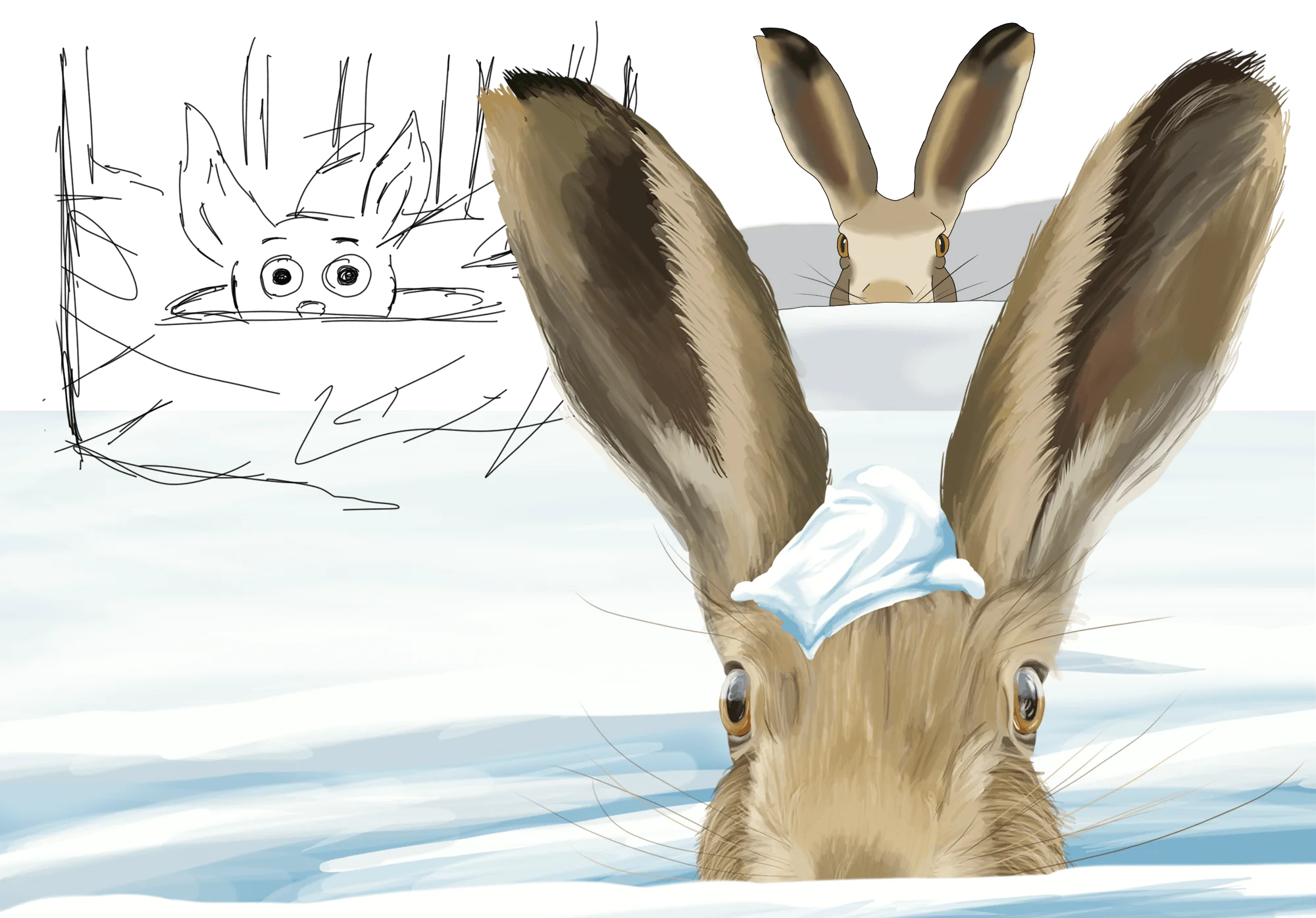 Process of developing the illustration for a rabbit.