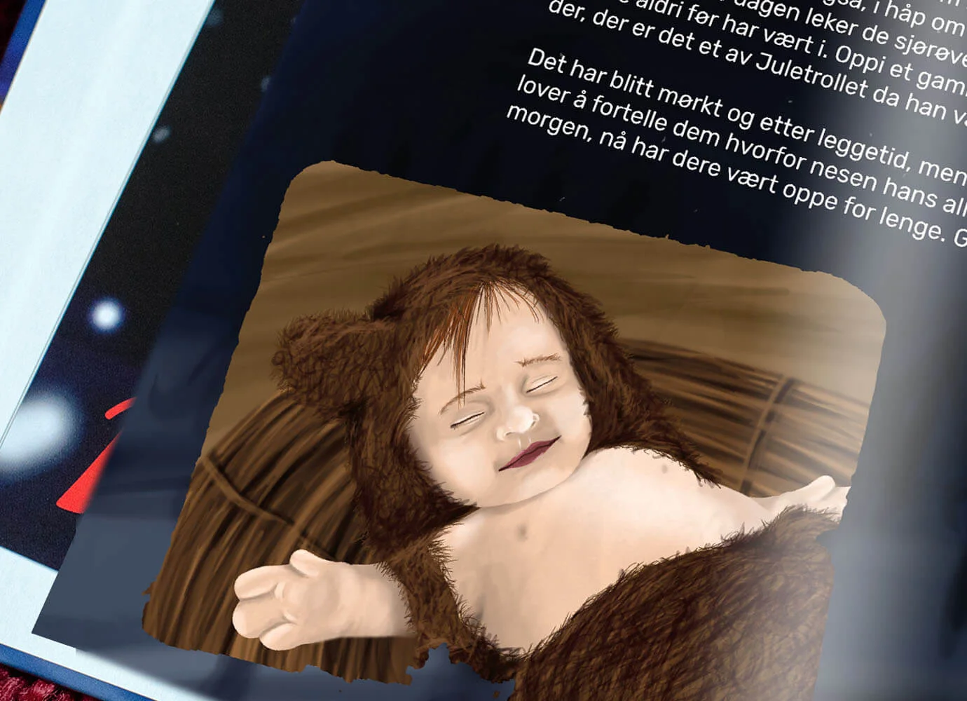 Closeup of an illustration featuring the Christmas Troll as a child.