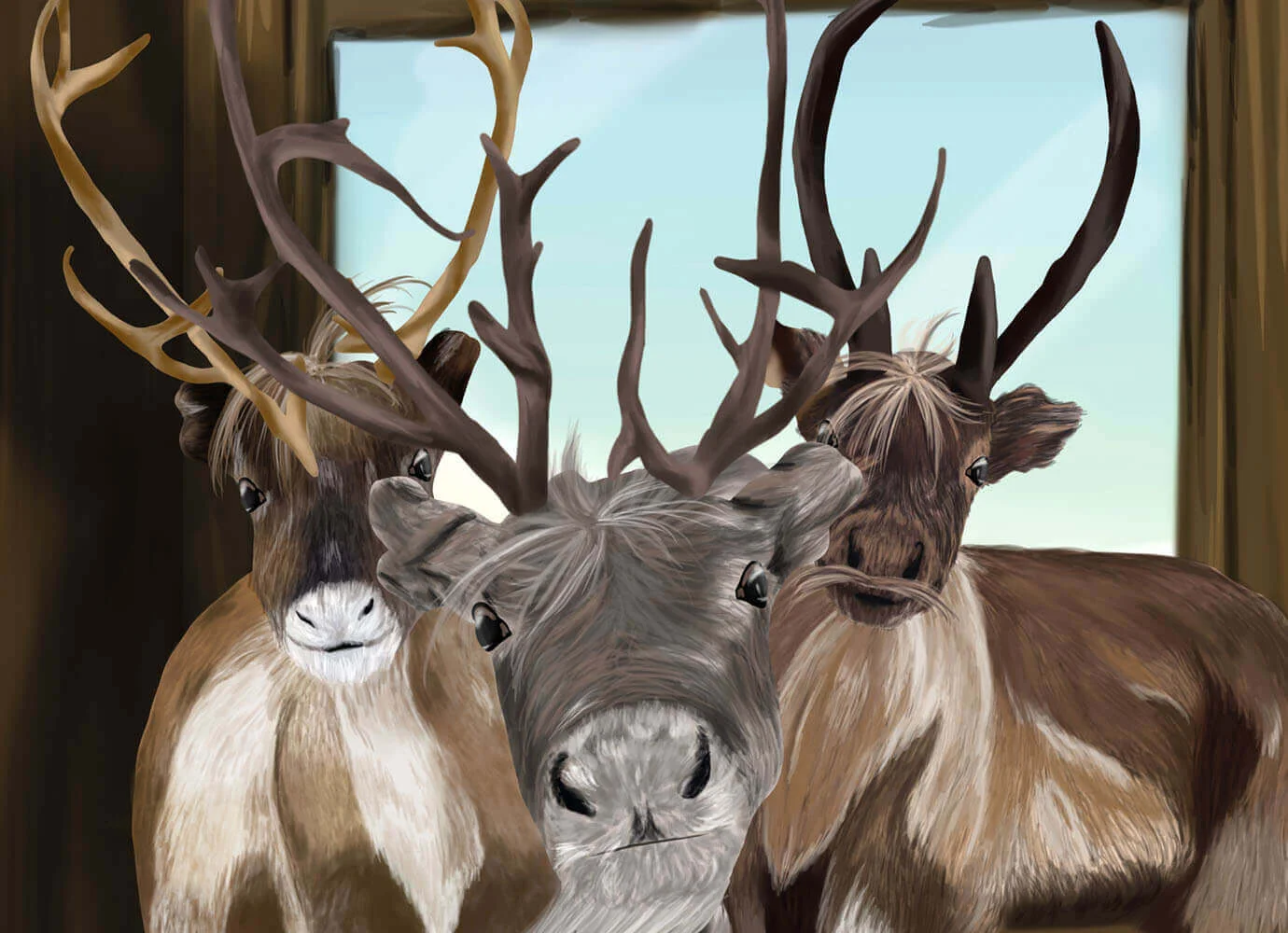 Closeup of an illustration featuring three curious reindeer.