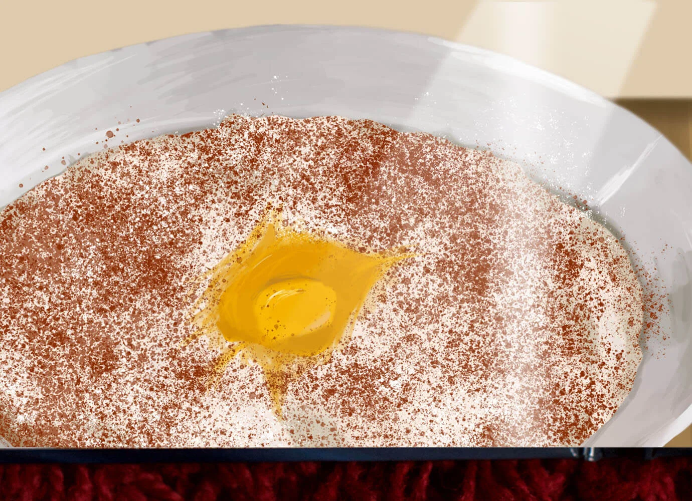 Closeup of an illustration of porridge with butter, sugar and cinnamon.
