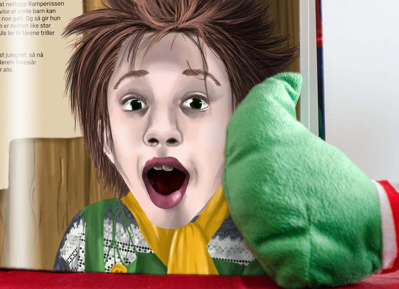 Closeup of an illustration featuring a happy and surprised boy.
