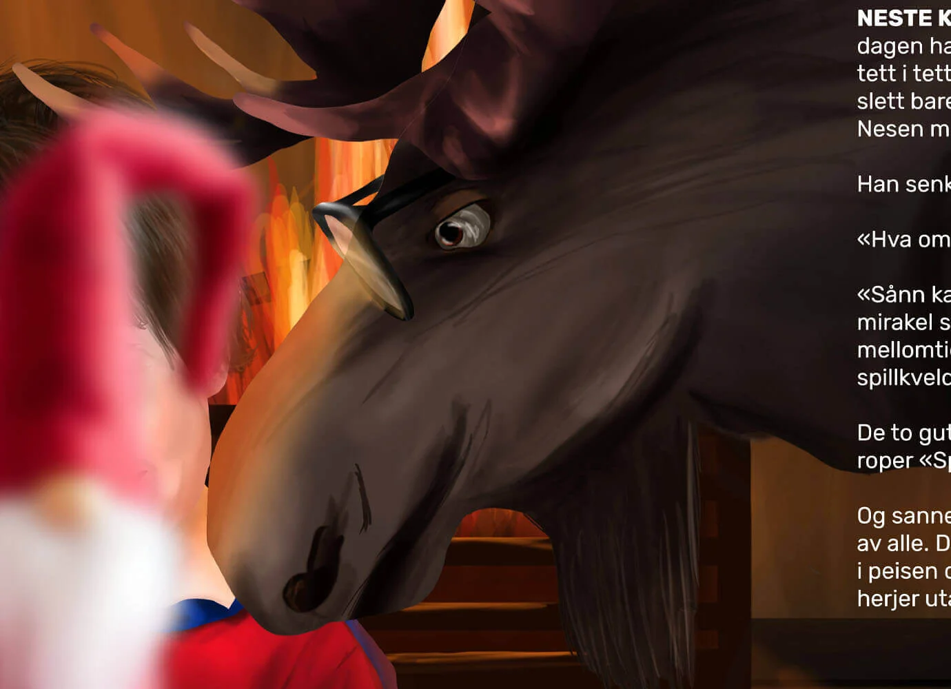Closeup of an illustration featuring a moose with reading glasses.