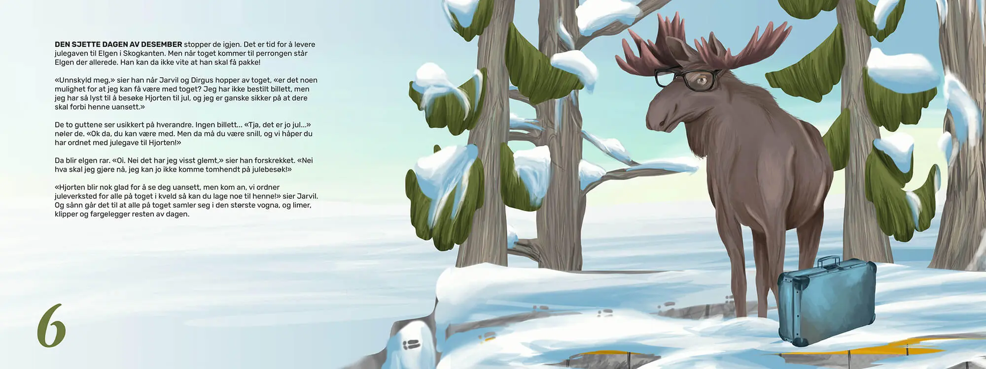 Book spread showcasing a moose waiting for a train.