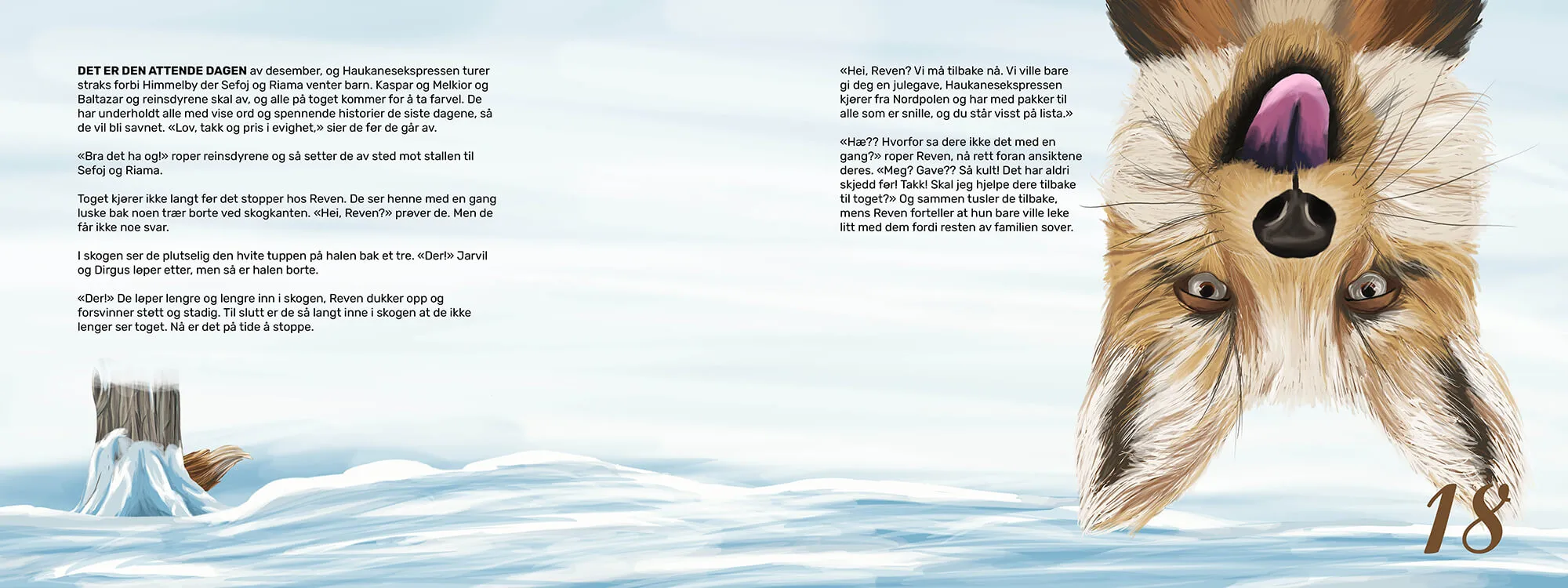 Book spread showcasing a happy fox upside down and hiding.