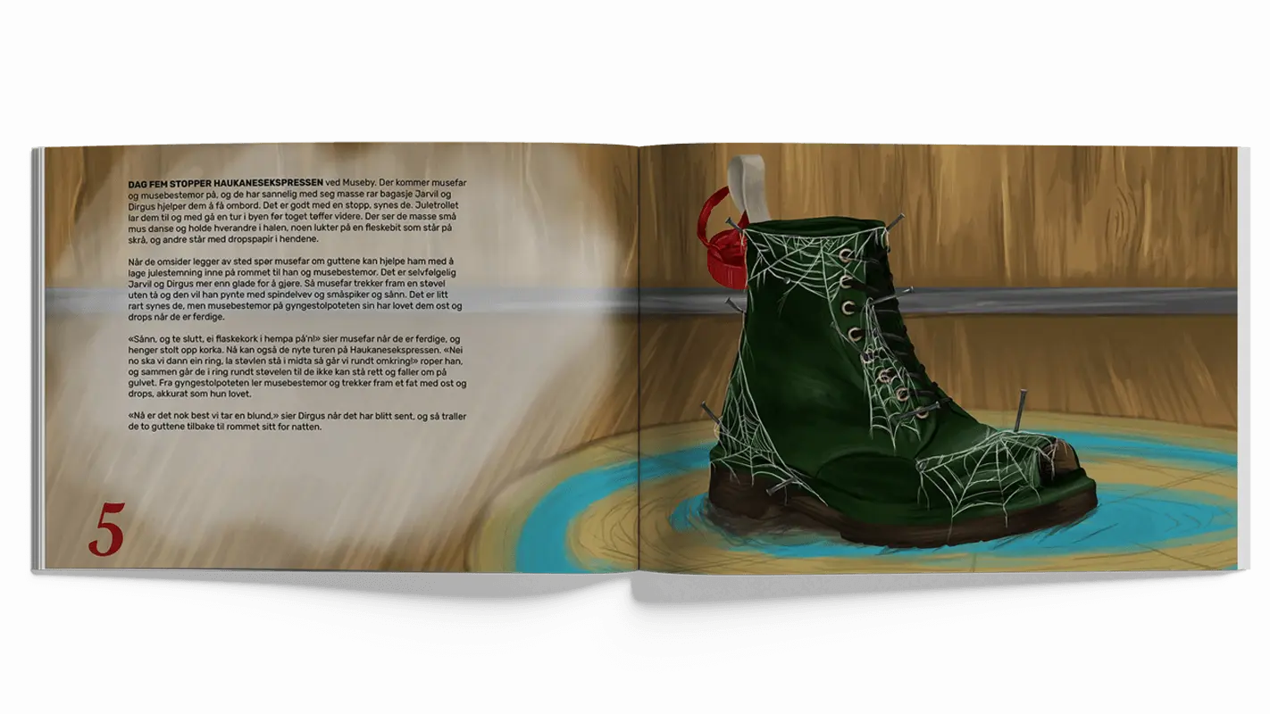 Book spread showcasing a shoe decorated with spider webs and nails.