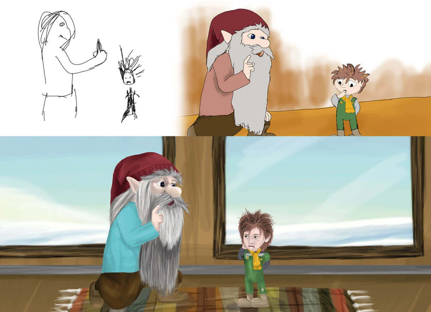 Process of developing the illustration for a man speaking with a little boy.