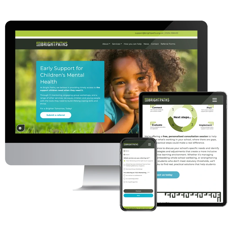 Devices showing the Bright Paths website built by Healthy Pixels.