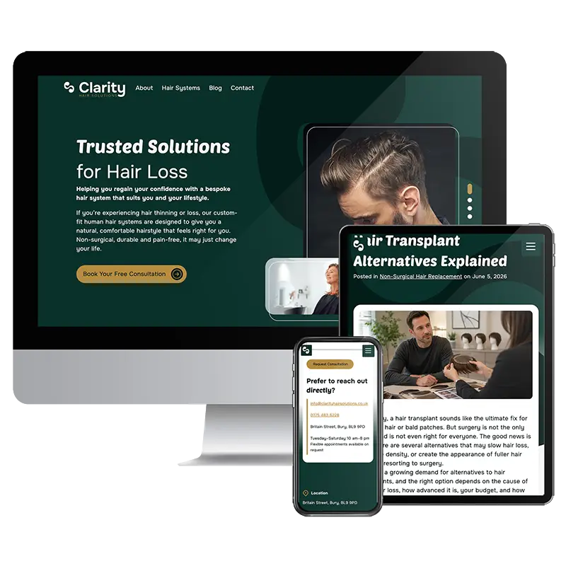Devices showing the Clarity Hair Solutions website built by Healthy Pixels.