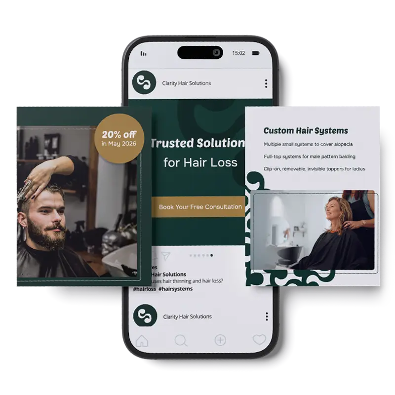Screens showing multiple social layouts designed for Clarity Hair Solutions.