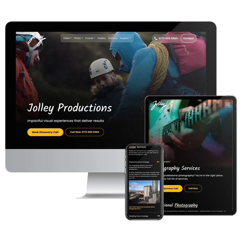Devices showing the Jolley Productions website built by Healthy Pixels.
