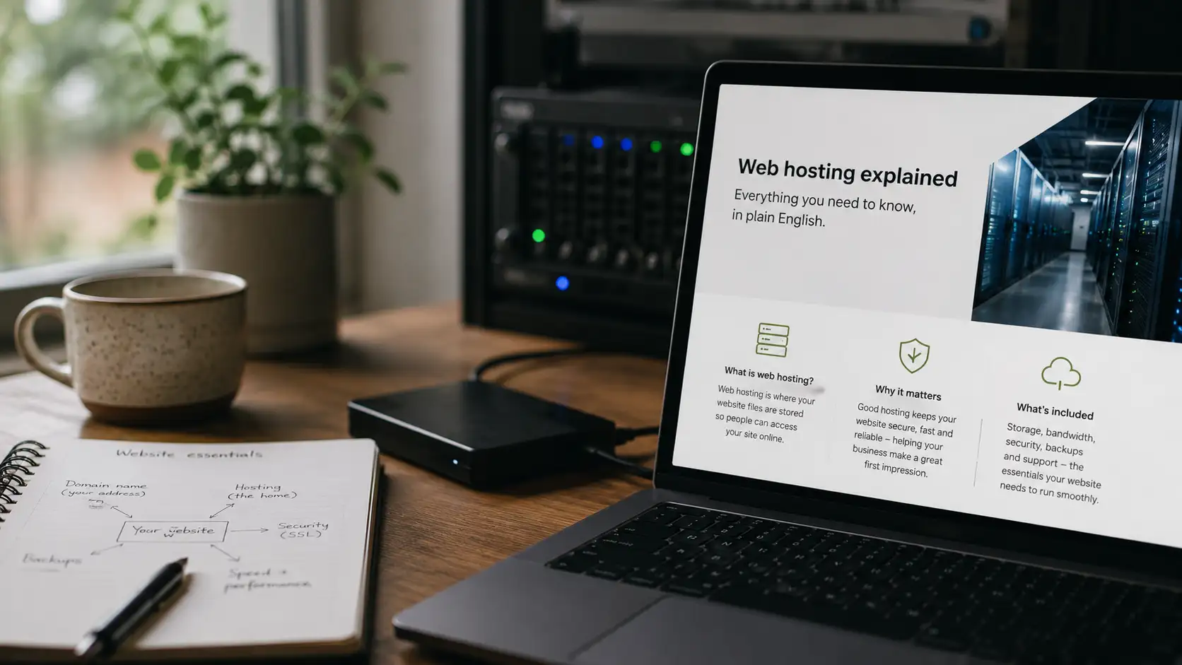 Laptop with an article named Web Hosting Explained.