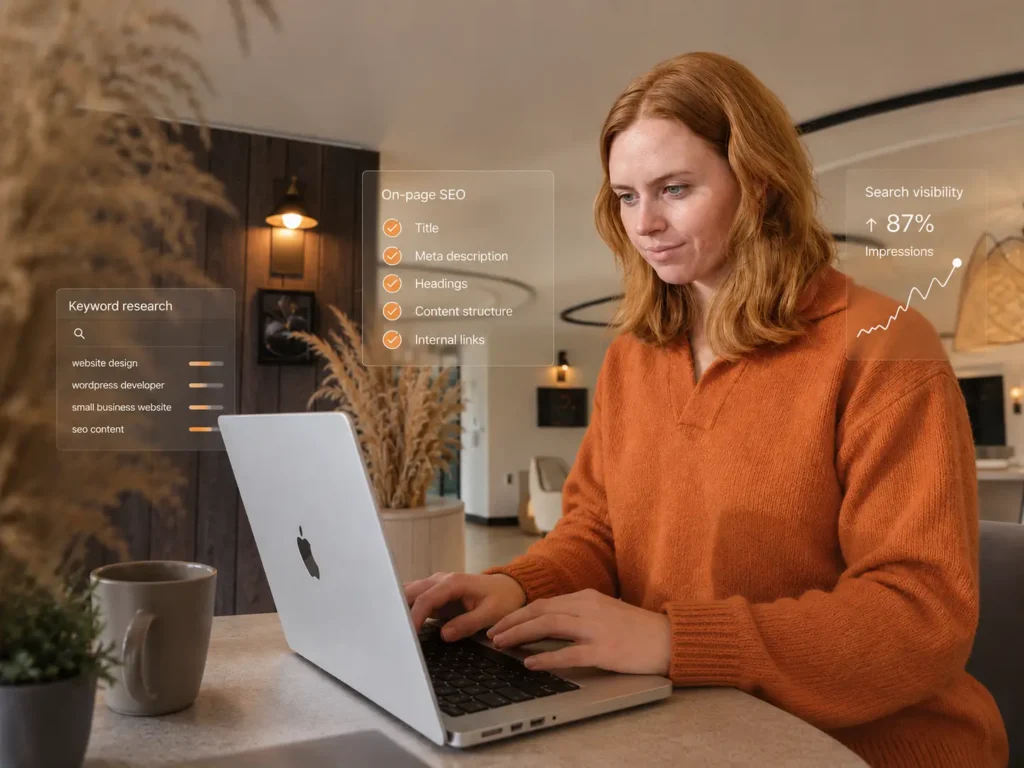 Healthy Pixels founder and web developer Monika working on a laptop.