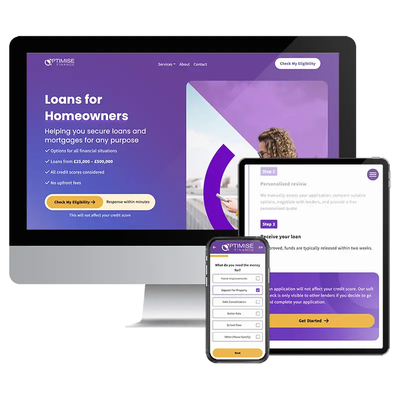 Devices showing the Optimise Finance website built by Healthy Pixels.