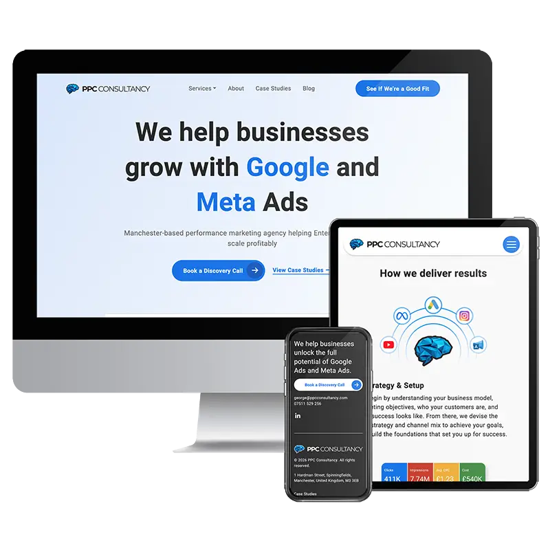 Devices showing the PPC Consultancy website built by Healthy Pixels.