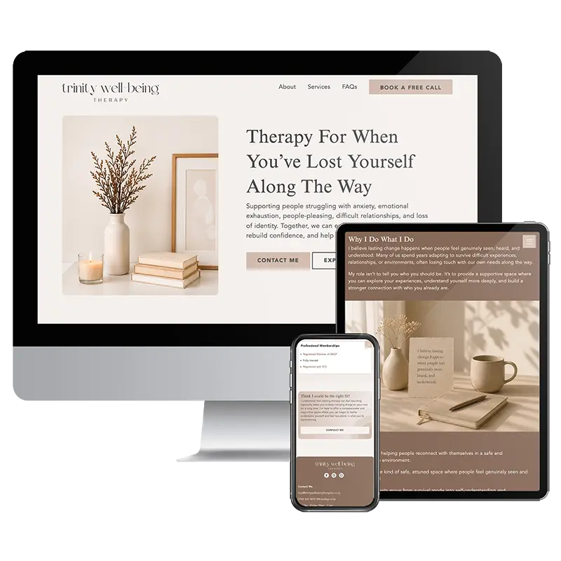 Devices showing the Trinity Well-being Therapies website built by Healthy Pixels.